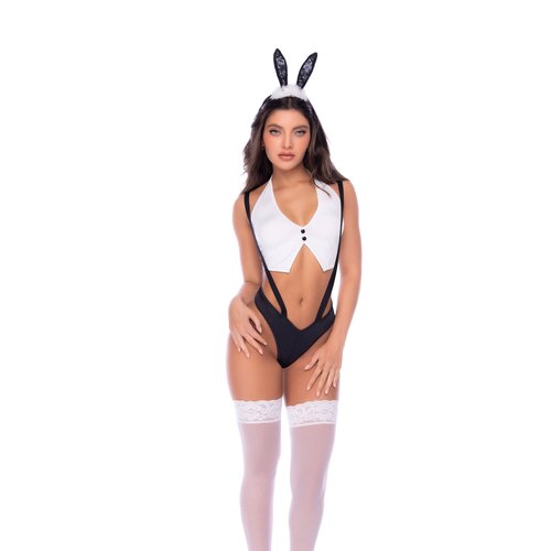 Three-piece set featuring a cropped vest-style top, high-cut bottom, and suspender straps.