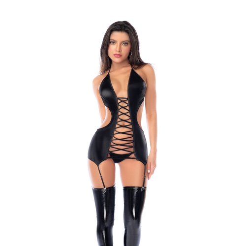 This provocative liquid-look dress teases with bold lace-up fronts and backs, sc