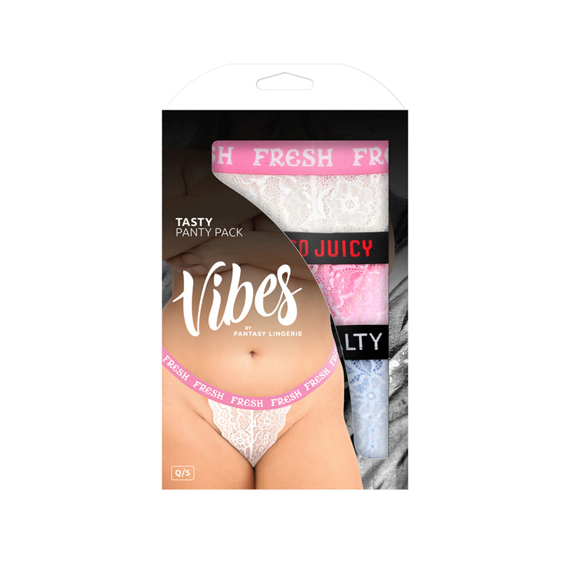 Fantasy Lingerie Vibes Tasty Vibes Pack 3-Piece Lace Thong Panty Set Blue/Pink/White