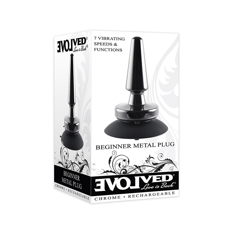 Evolved Beginner Metal Plug Rechargeable Vibrating Chrome Anal Plug with Suction Cup Base Black