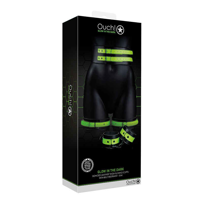 Ouch! Glow in the Dark 5-Piece Bonded Leather Thigh & Handcuffs With Belt Restraint Neon Green