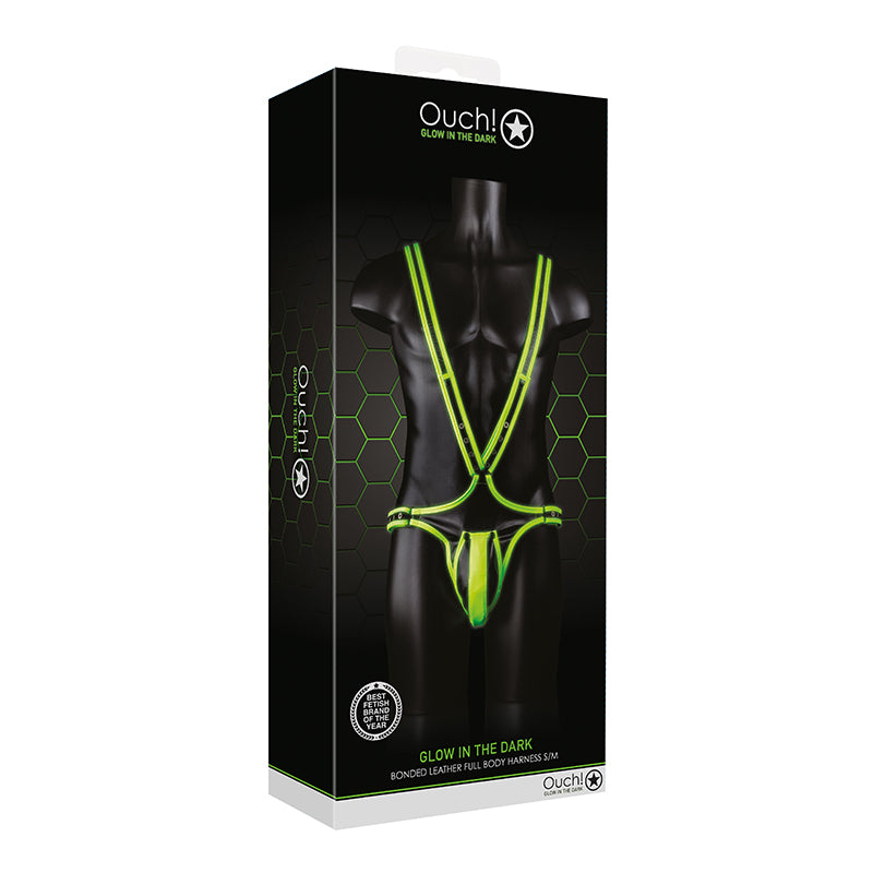 Ouch! Glow in the Dark Bonded Leather Full-Body Harness Neon Green