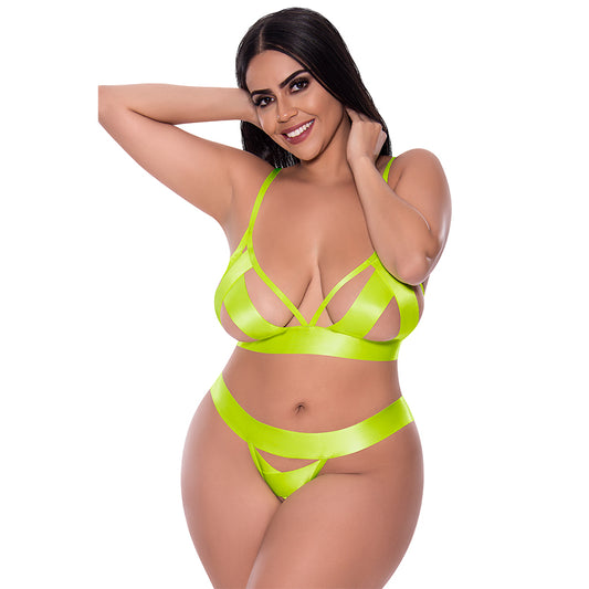 Magic Silk Strap Tease Bra & Crotchless Panty Set Yellow Queen