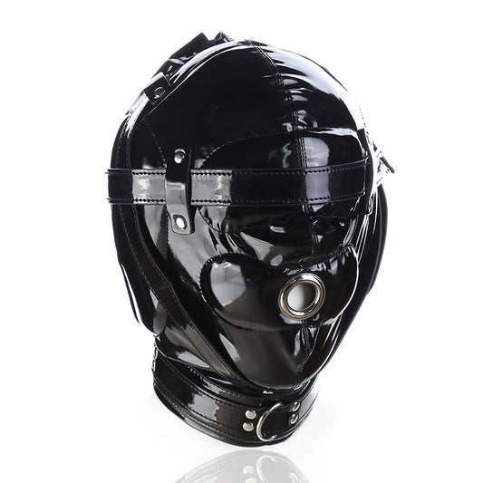 Ple'sur Shiny Pleather Locking Deprivation Hood With Single Nose Hole Black Bag Packaging