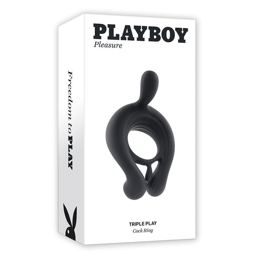 Playboy Triple Play Rechargeable Remote Controlled Vibrating Silicone Cockring with Stimulator Black