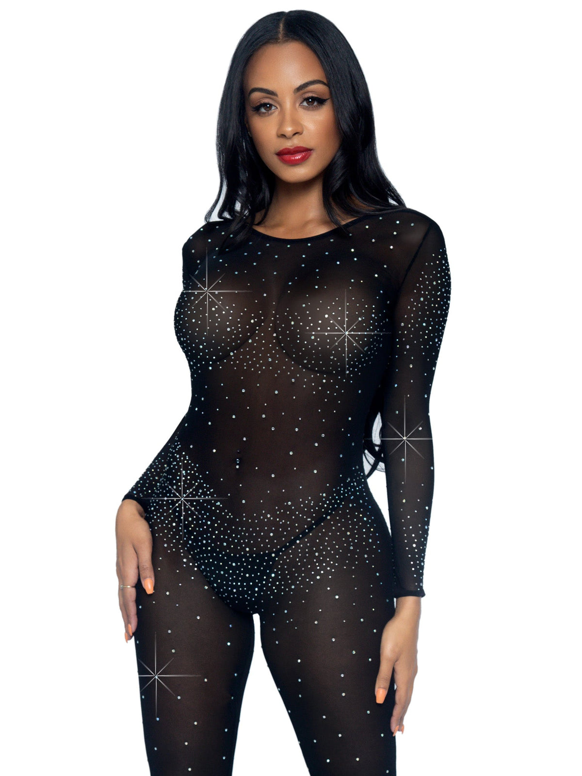 Sheer Rhinestone Long Sleeve Catsuit - 85636     00325