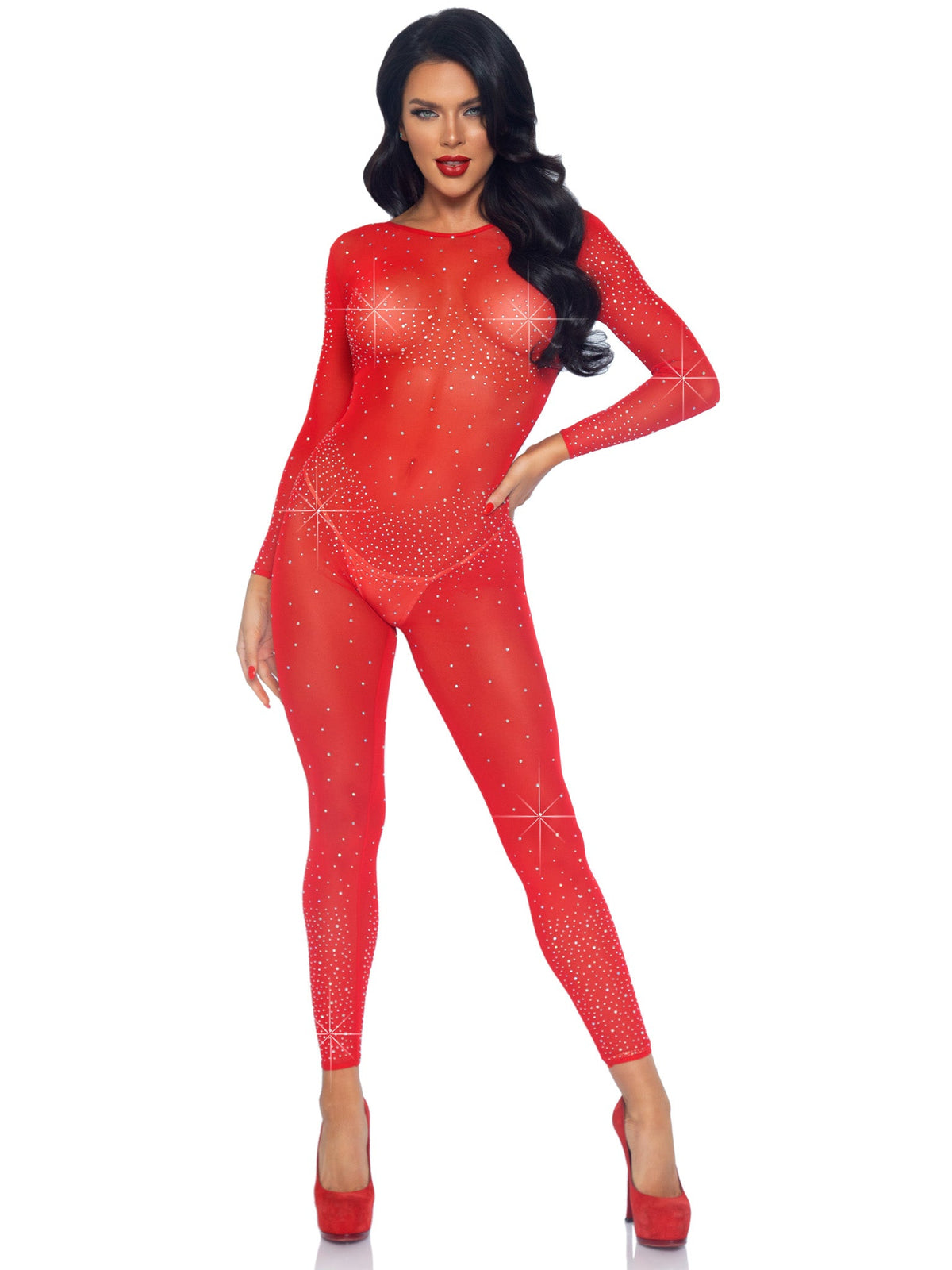 Sheer Rhinestone Long Sleeve Catsuit - 85636     00325