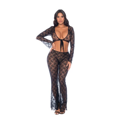 This chic two-piece floral lace set includes a versatile long-sleeved top that c