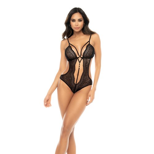 Embrace your daring side with this lace bodysuit, featuring strategic cut-outs, adjustable