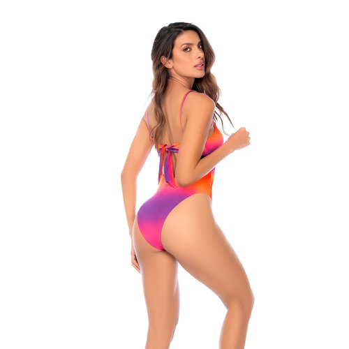 One-piece swimsuit featuring a strappy cutout front with a wraparound midsection, adjustab