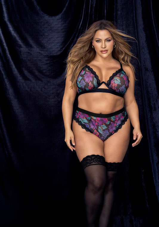 An essential two-piece set with a vibrant flower print on a sheer mesh with contrasting la