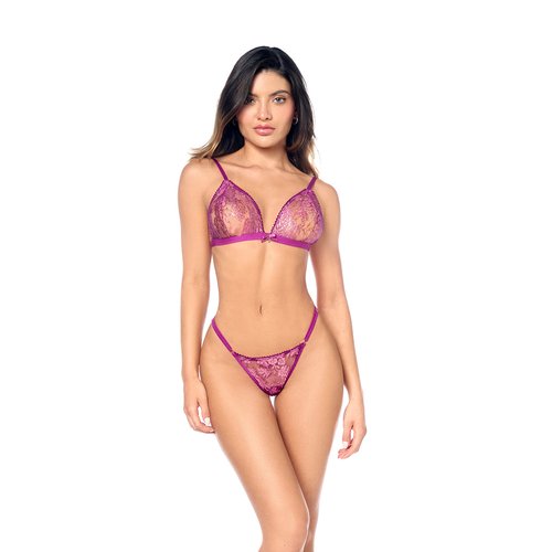 A timeless two-piece set crafted in jewel-toned lace, enriched with satin accents that sof