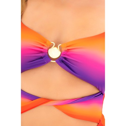 One-piece swimsuit featuring a strappy cutout front with a wraparound midsection, adjustab