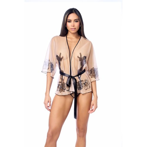 Own your edge. This sheer printed mesh robe features an adjustable waist tie for a flatter