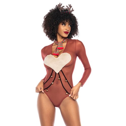 Sexy reindeer costume. Includes long-sleeved sheer mesh bodysuit with stuffed an