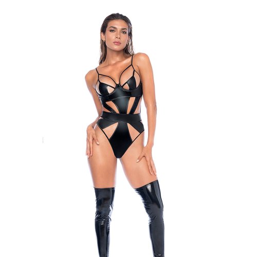 This bold, wet-look bodysuit is designed with underwire for enhanced support and