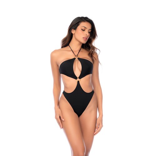 A sleek, sexy one-piece featuring a front keyhole accented with hardware.
