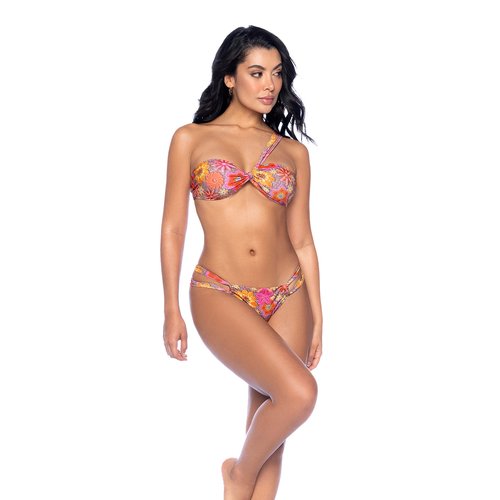 Elegant two-piece swimsuit in a stylish crochet print. Features adjustable top with one sh