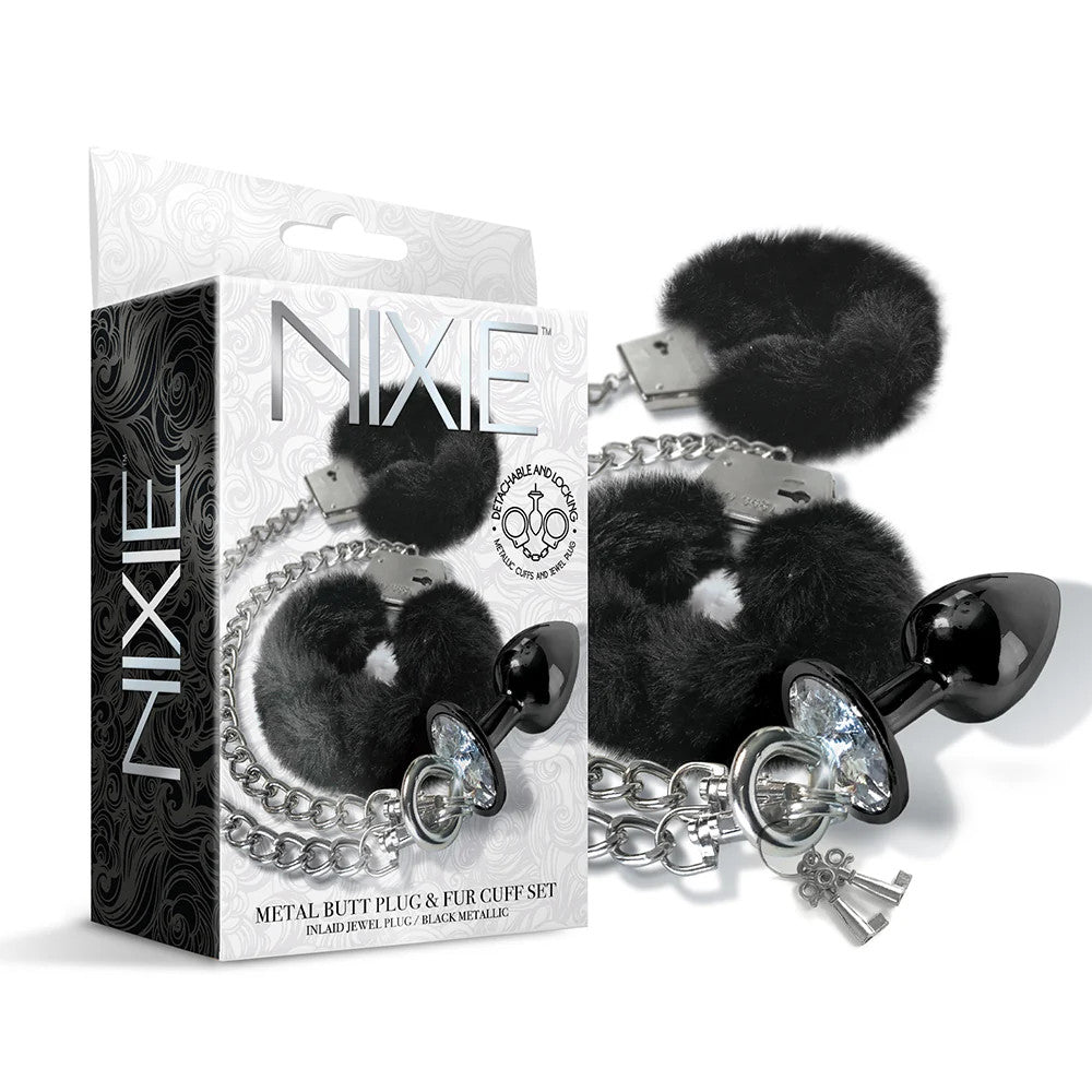 NIXIE METAL BUTT PLUG & FURRY CUFF SET BLACK - GN1000354