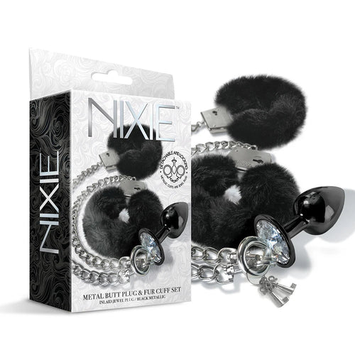 NIXIE METAL BUTT PLUG & FURRY CUFF SET BLACK - GN1000354