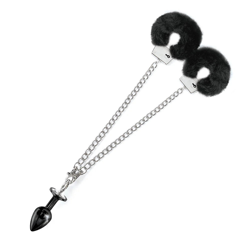 NIXIE METAL BUTT PLUG & FURRY CUFF SET BLACK - GN1000354