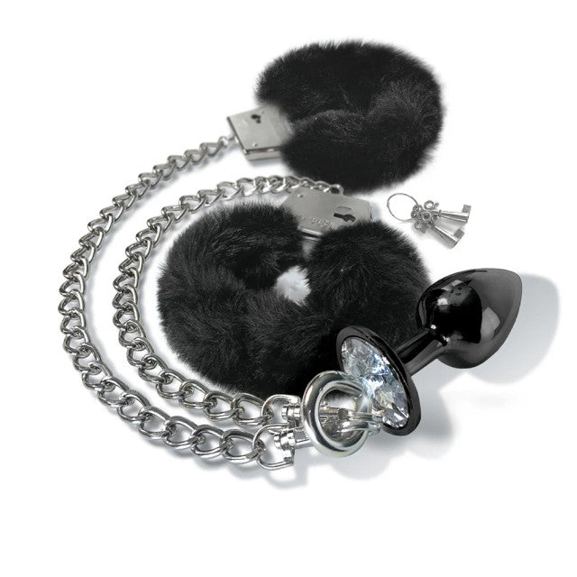 NIXIE METAL BUTT PLUG & FURRY CUFF SET BLACK - GN1000354