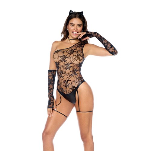 This sultry cat girl costume includes five seductive pieces a sheer lace bodysuit with att