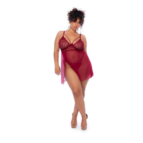 Babydoll in a modern lace inspired by organic shapes with underwire, side slits, adjustabl
