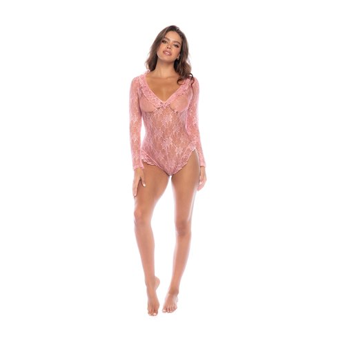 The most romantic bodysuit of the season. In a feminine floral lace with ruffle and satin