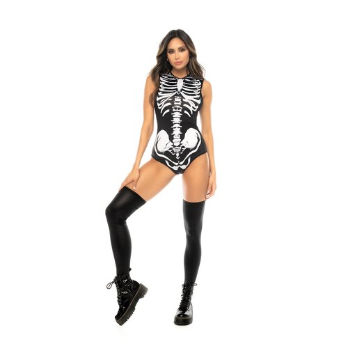 Secure the title for the best costume with this skeleton print bodysuit that is