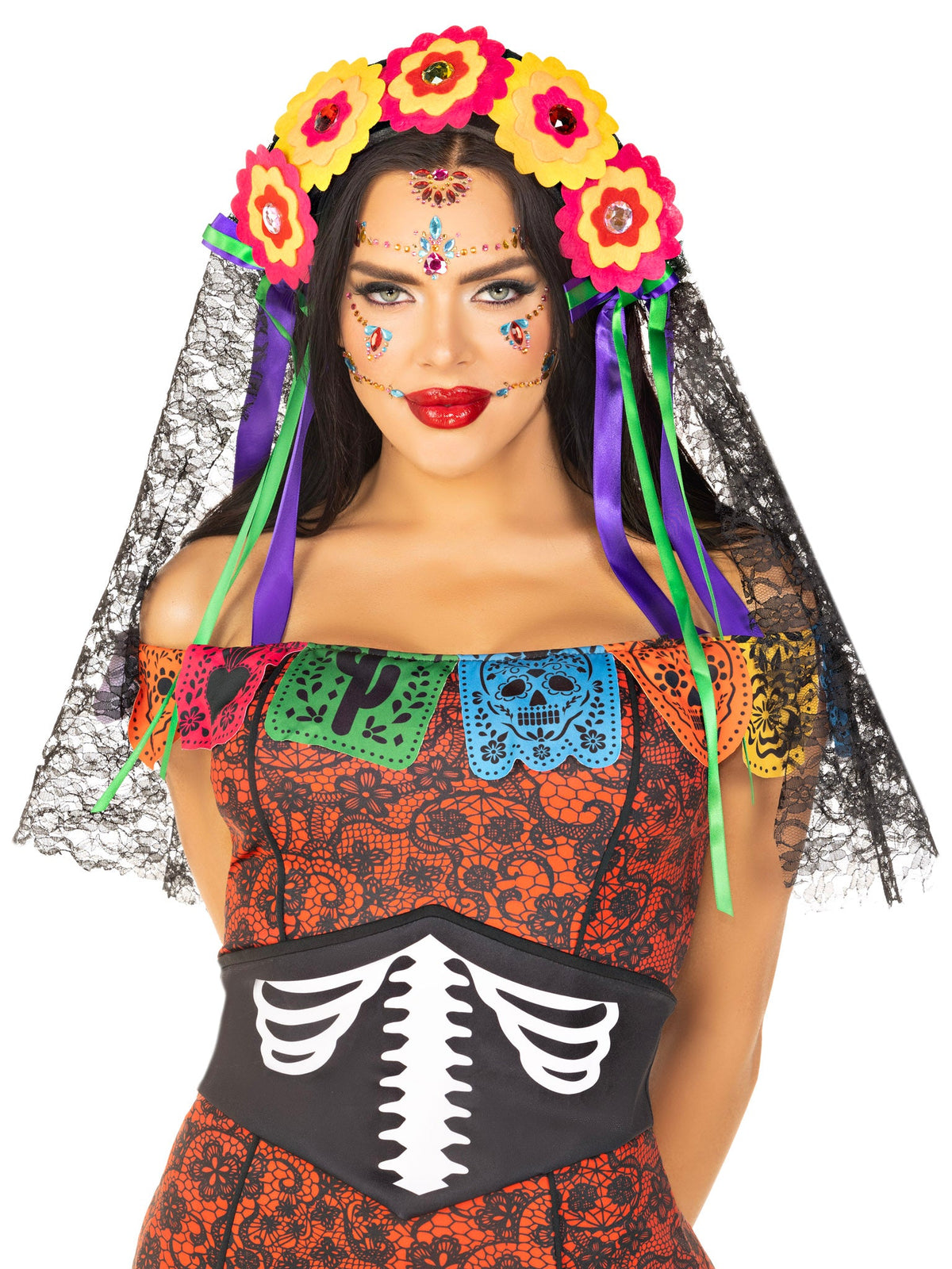 Day of the Dead Flower Headpiece with Lace Veil - A2726     10122