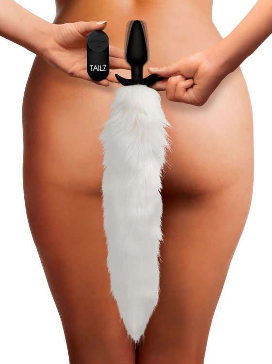 TAILZ VIBRATING WHITE FOX TAIL SLENDER ANAL PLUG - XRAG246