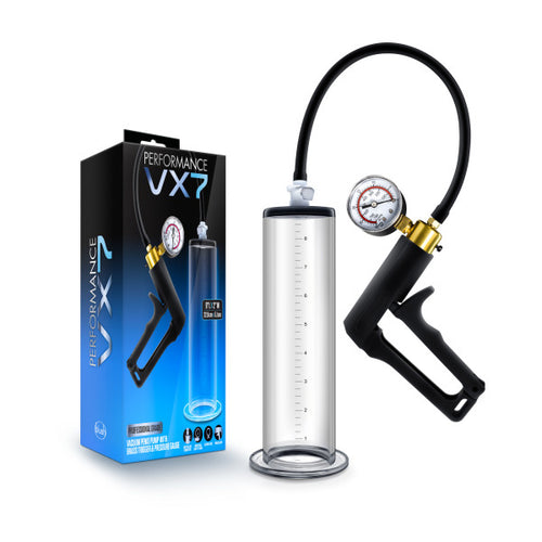 PERFORMANCE VX7 VACUUM PENIS PUMP W/ BRASS TRIGGER & PRESSURE GAUGE CLEAR - BN06401