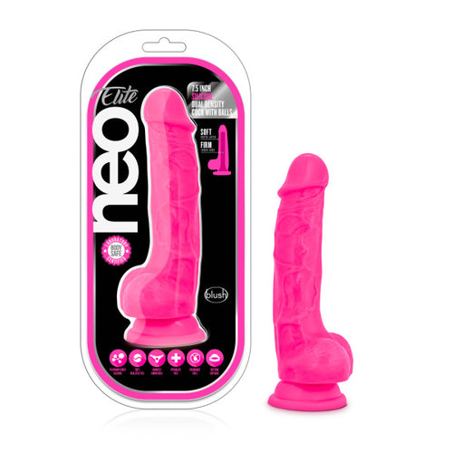 NEO ELITE 7.5IN SILICONE DUAL DENSITY COCK W/ BALLS NEON PINK - BN82100