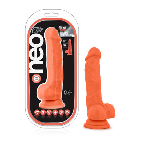 NEO ELITE 7.5IN SILICONE DUAL DENSITY COCK W/ BALLS NEON ORANGE - BN82119
