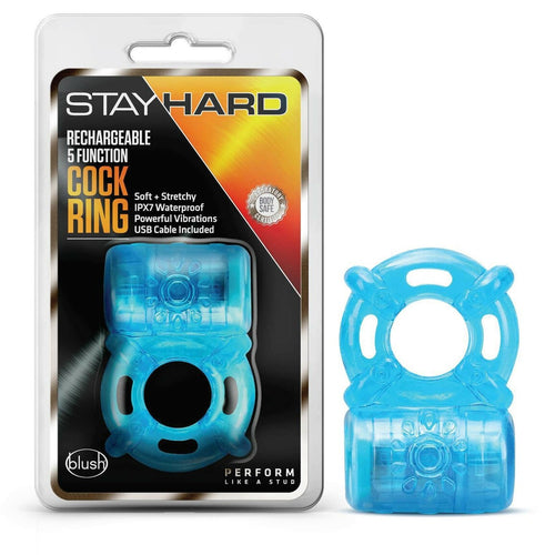 STAY HARD RECHARGEABLE 5 FUNCTION COCK RING BLUE - BN31902