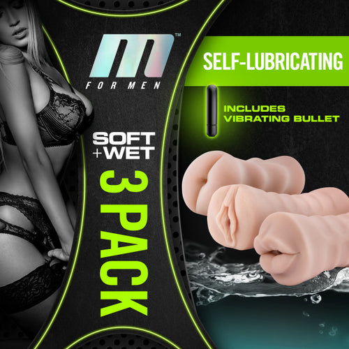 M FOR MEN 3 PK VIBRATING SELF LUBRICATING STROKER SLEEVE KIT VANILLA - BN84103