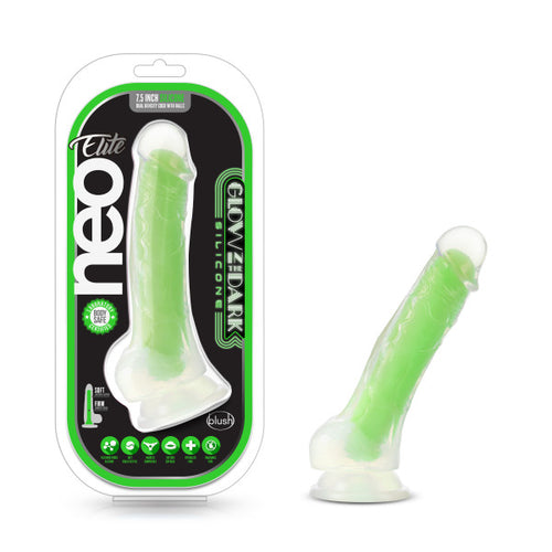 NEO ELITE GLOW IN THE DARK 7.5 IN SILICONE DUAL DENSITY COCK W/ BALLS NEON GREEN - BN84722