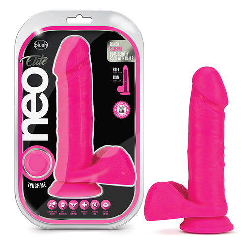 NEO ELITE 8 SILICONE DUAL DENSITY COCK W BALLS NEON PINK " - BN86710