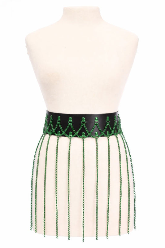Black Faux Leather & Green Metallic Chain Fringe Skirt