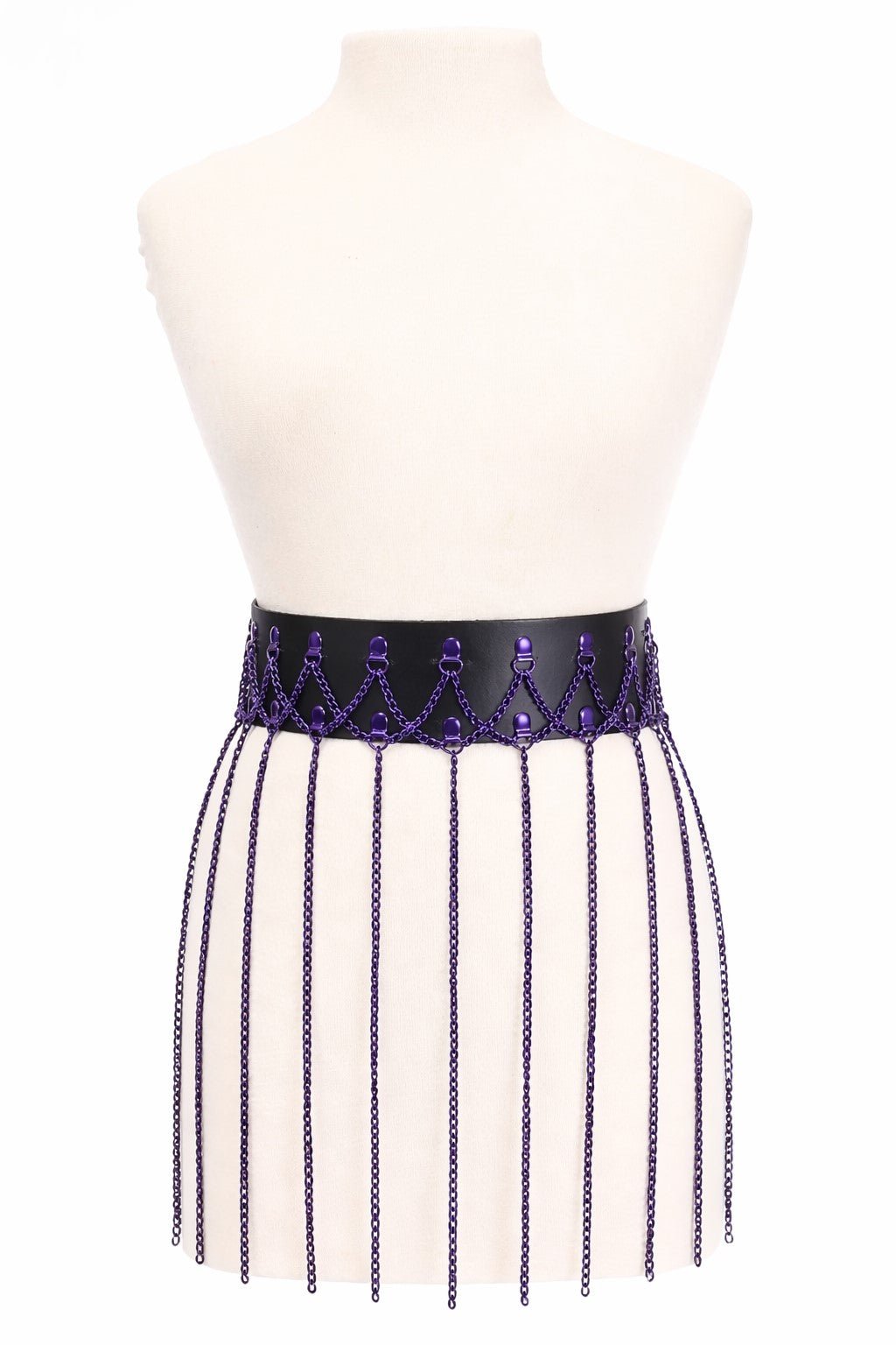 Black Faux Leather & Purple Metallic Chain Fringe Skirt