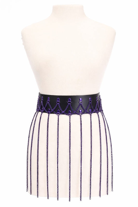 Black Faux Leather & Purple Metallic Chain Fringe Skirt