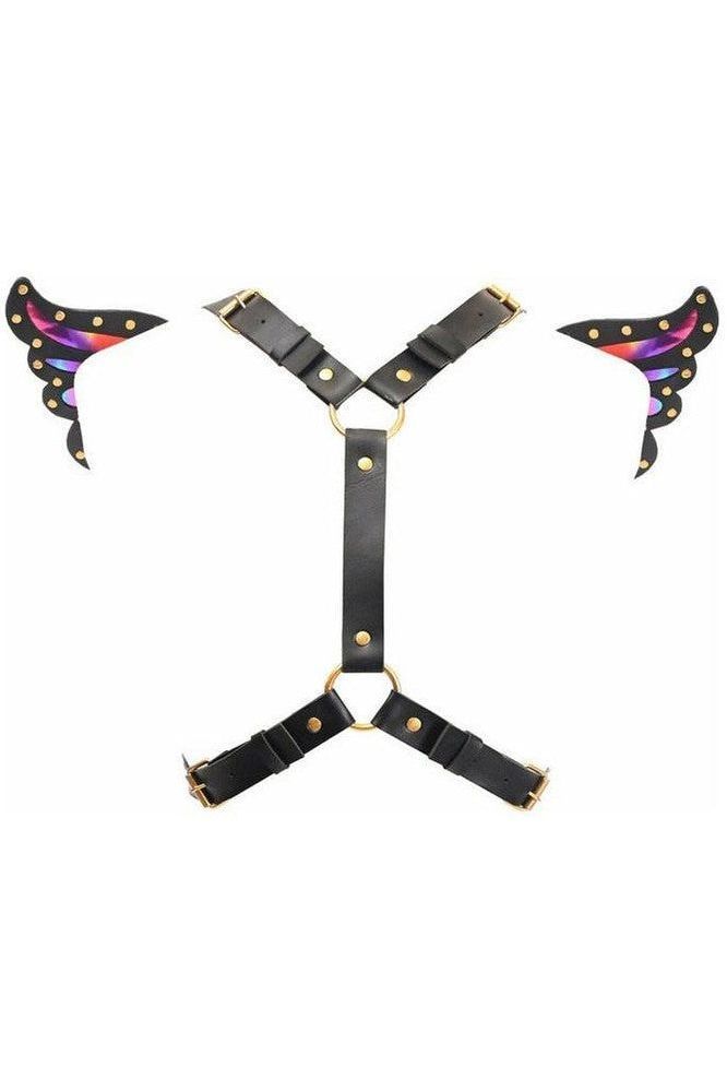 Black Faux Leather & Rainbow Holo Butterfly Wing Harness