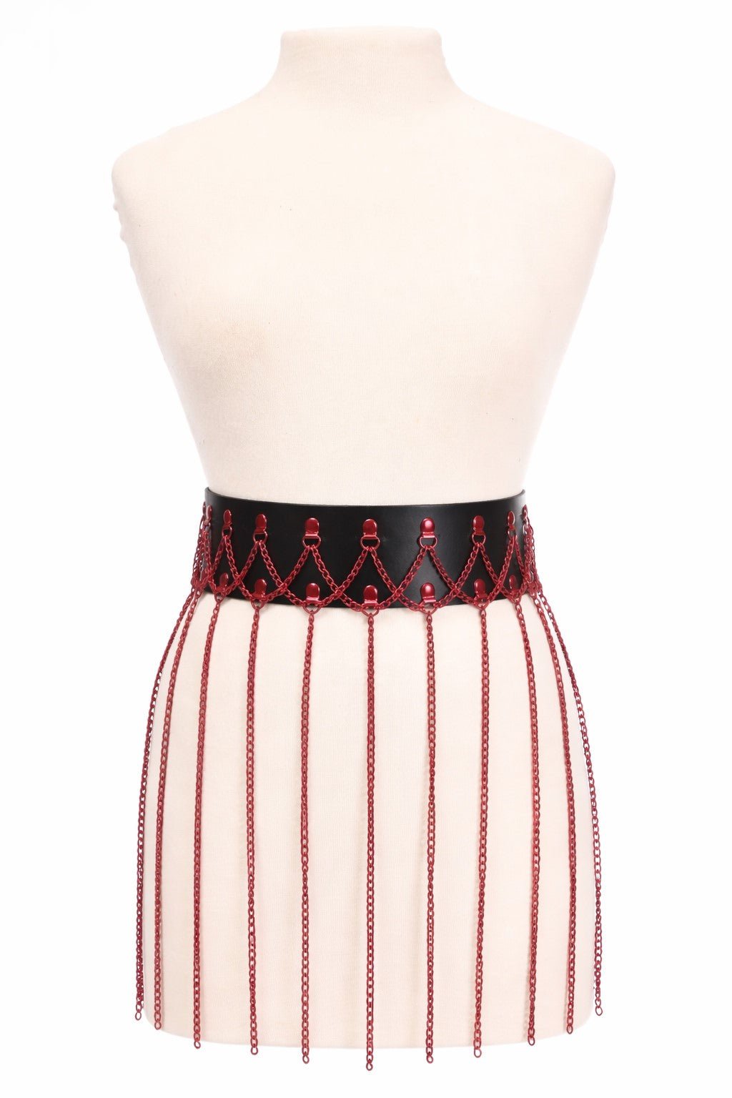 Black Faux Leather & Red Metallic Chain Fringe Skirt