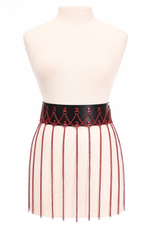 Black Faux Leather & Red Metallic Chain Fringe Skirt