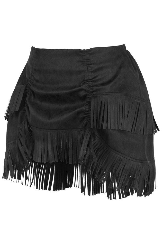 Black Suede Ruched Bustle Skirt w/Fringe