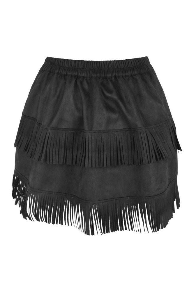 Black Suede Ruched Bustle Skirt w/Fringe