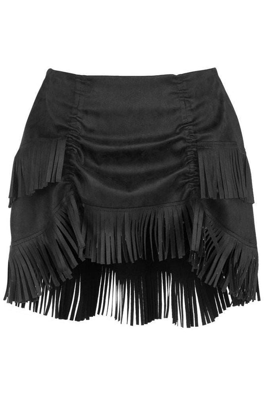Black Suede Ruched Bustle Skirt w/Fringe