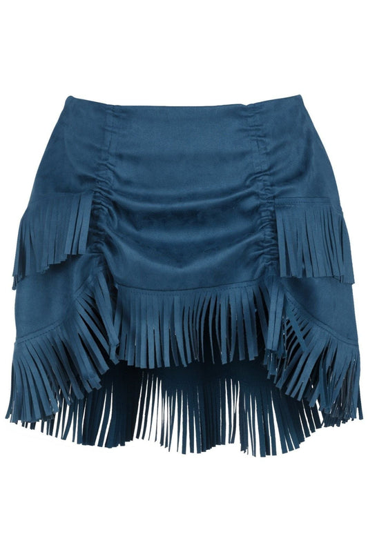 Blue Suede Ruched Bustle Skirt w/Fringe