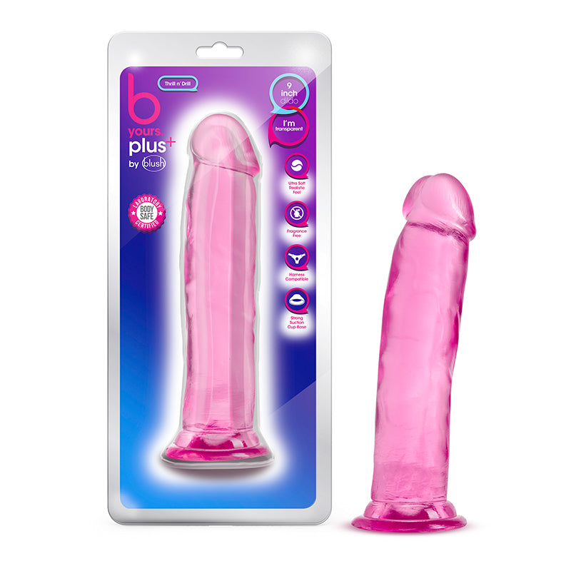 Blush B Yours Plus Thrill n' Drill 9 in. Dildo with Suction Cup Pink-Pinkfoxxx
